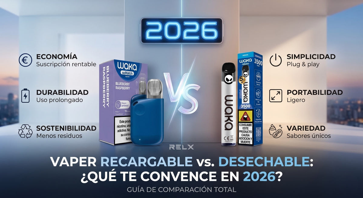 Infografía comparativa de vaper recargable vs desechable en 2026. Muestra las ventajas de economía y sostenibilidad frente a la simplicidad y portabilidad.