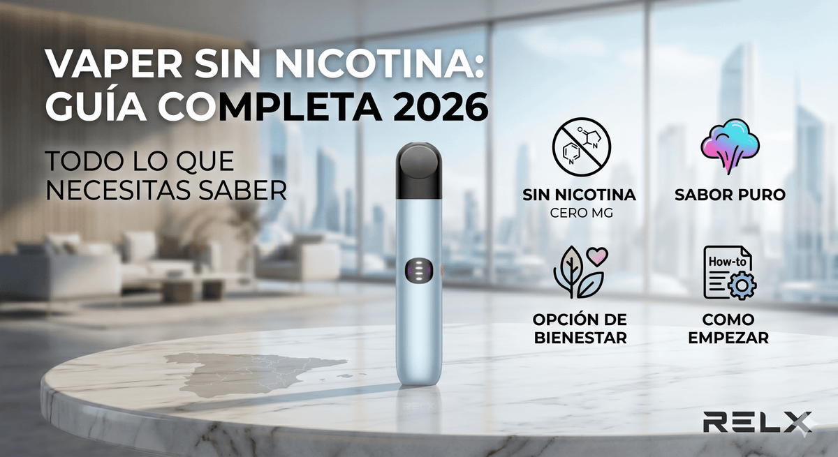 Guía completa 2026 sobre vapers sin nicotina. Muestra un dispositivo RELX sobre una mesa con iconos que destacan cero nicotina, sabor puro y opciones de bienestar.