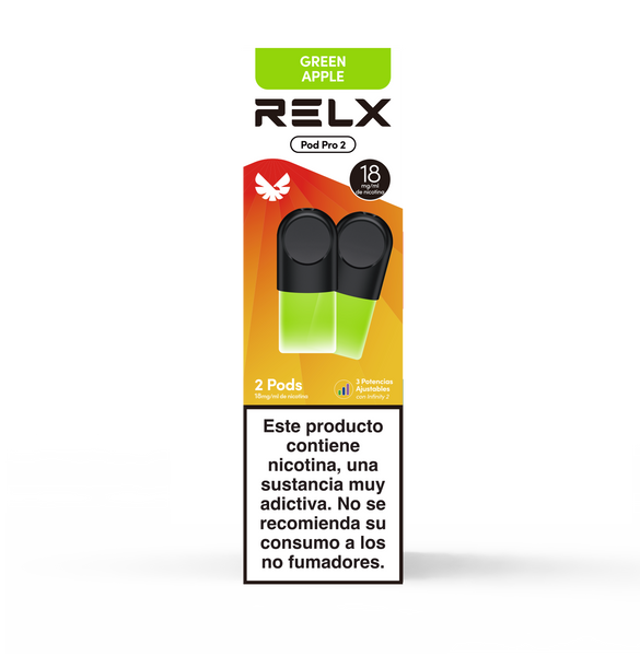 Paquete frontal de 2 pods de recambio RELX Pod Pro 2 sabor Green Apple (Manzana Verde) con 18mg/ml de nicotina. Cuenta con la función de 3 potencias ajustables.

