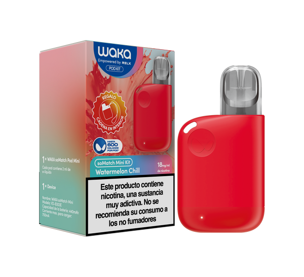 Dispositivo y embalaje oficial del vapeador WAKA soMatch Mini Kit sabor Watermelon Chill

